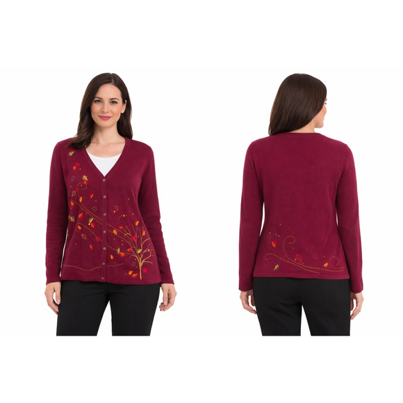 Christopher & Banks Sweaters - Women's Christopher & Banks Burgundy Cardigan with Fall Leaves, Size L